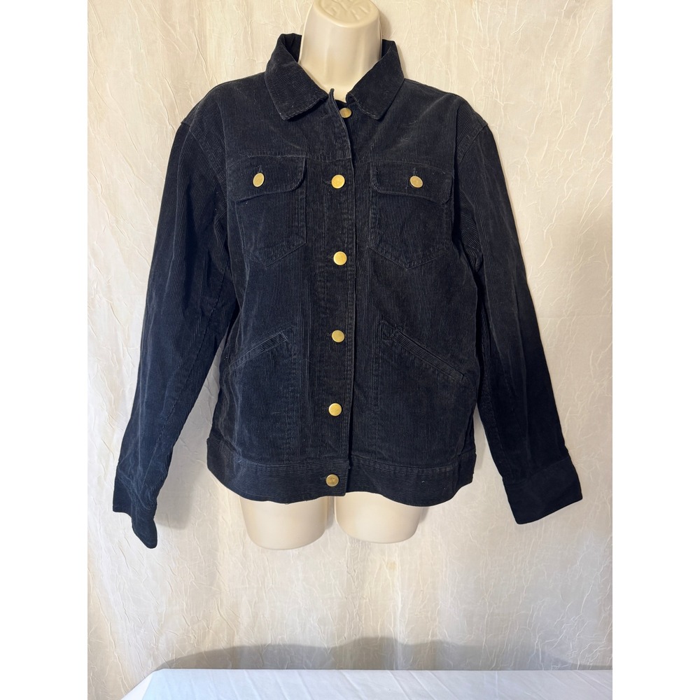 Vintage North Crest Corduroy Jacket Womens L Black Gold Button Trucker Coat